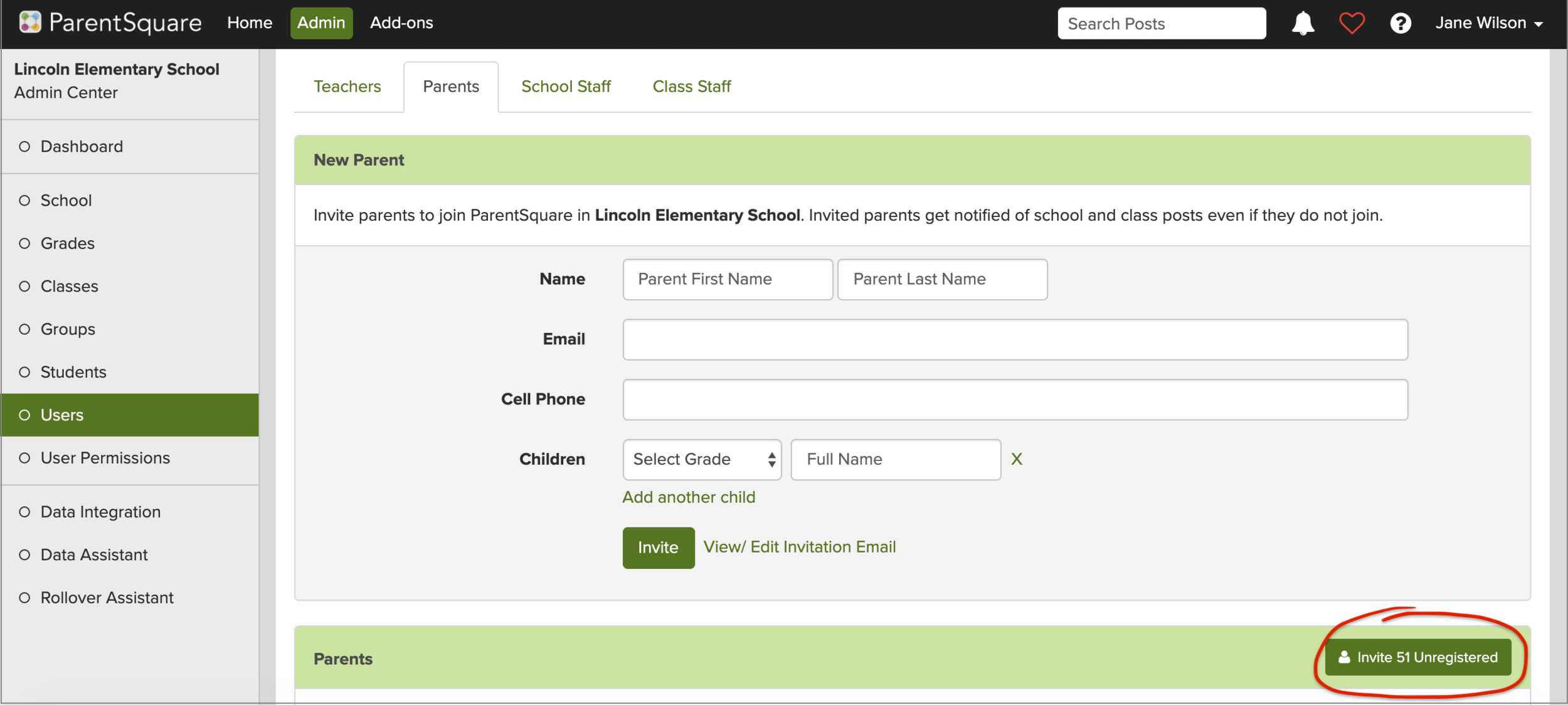 Screenshot showing how to invite unregistered parents to sign up for ParentSquare