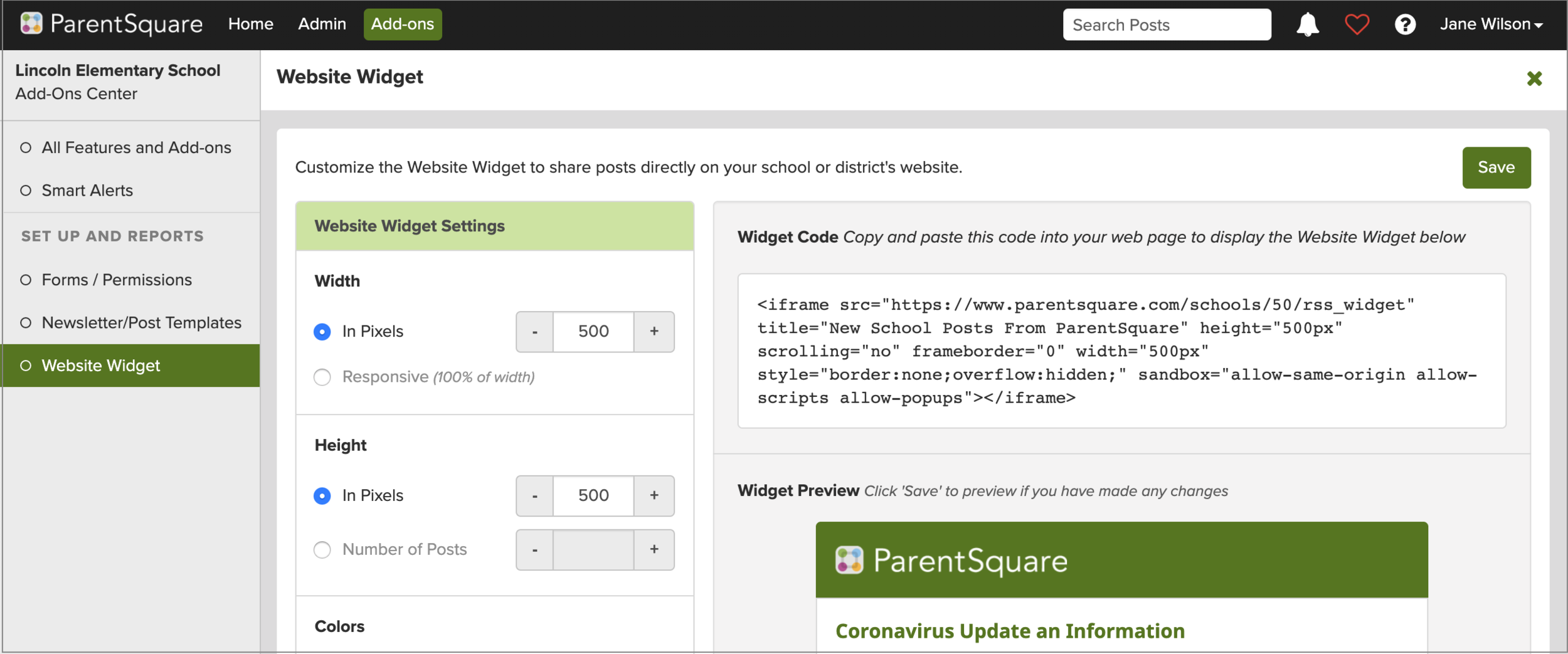 Screenshot showing how to customize and add web widget to your schools’ web pages in ParentSquare