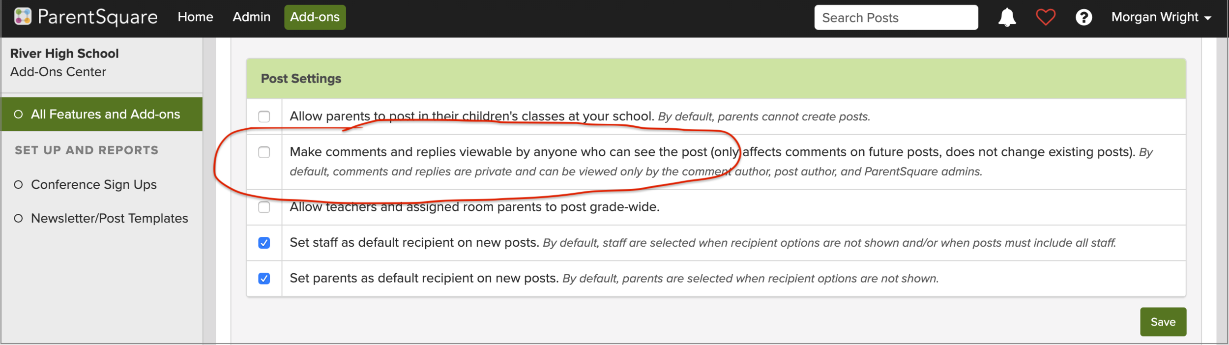 Screenshot of post settings in ParentSquare