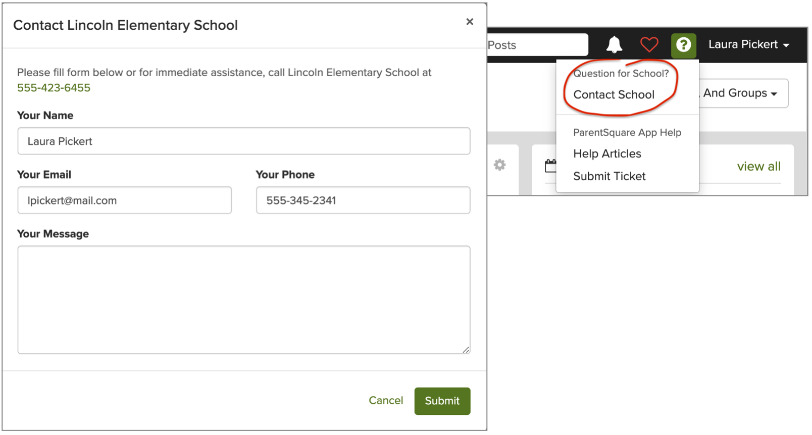 Screenshot of “Contact Form” and “Contact School” button in the ParentSquare platform