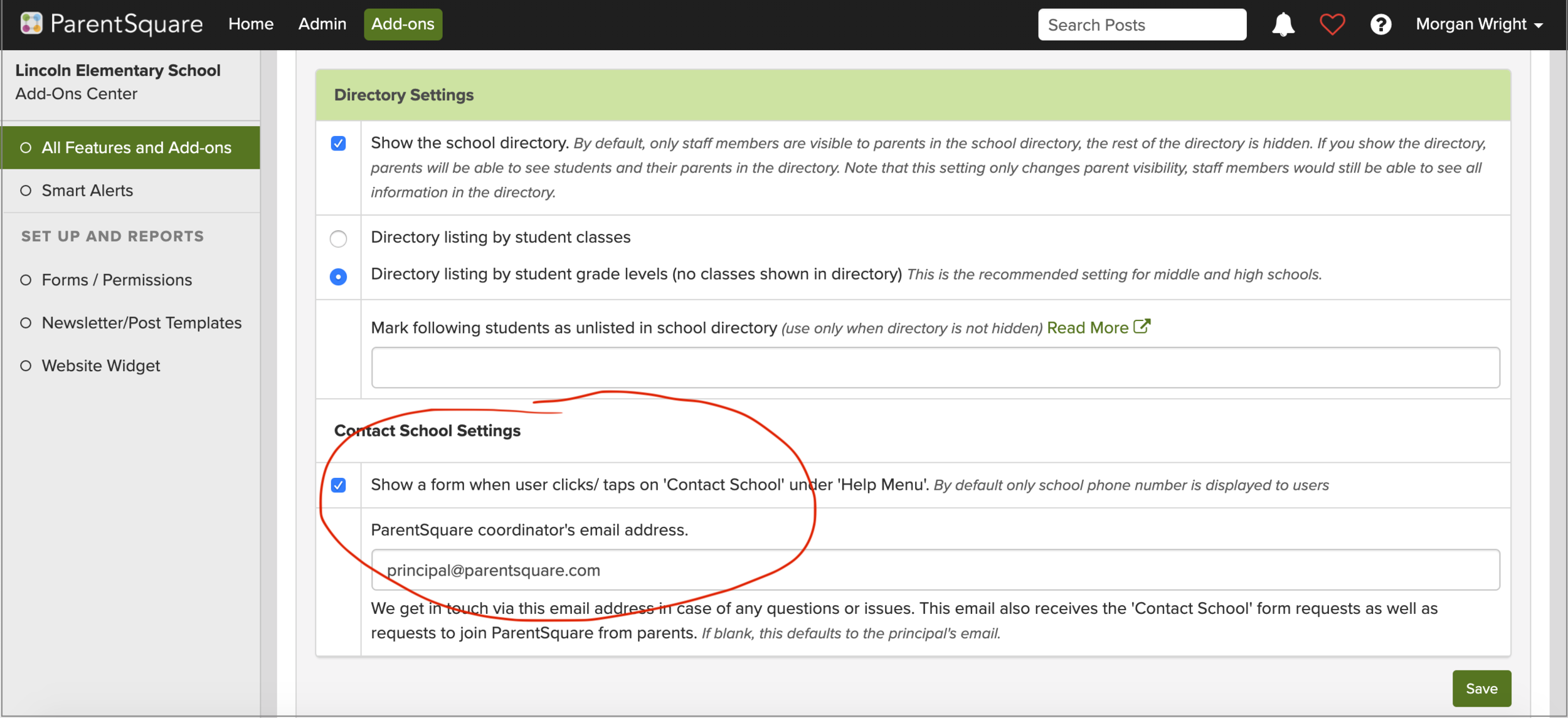 Screenshot showing how to enable the contact form in the ParentSquare platform