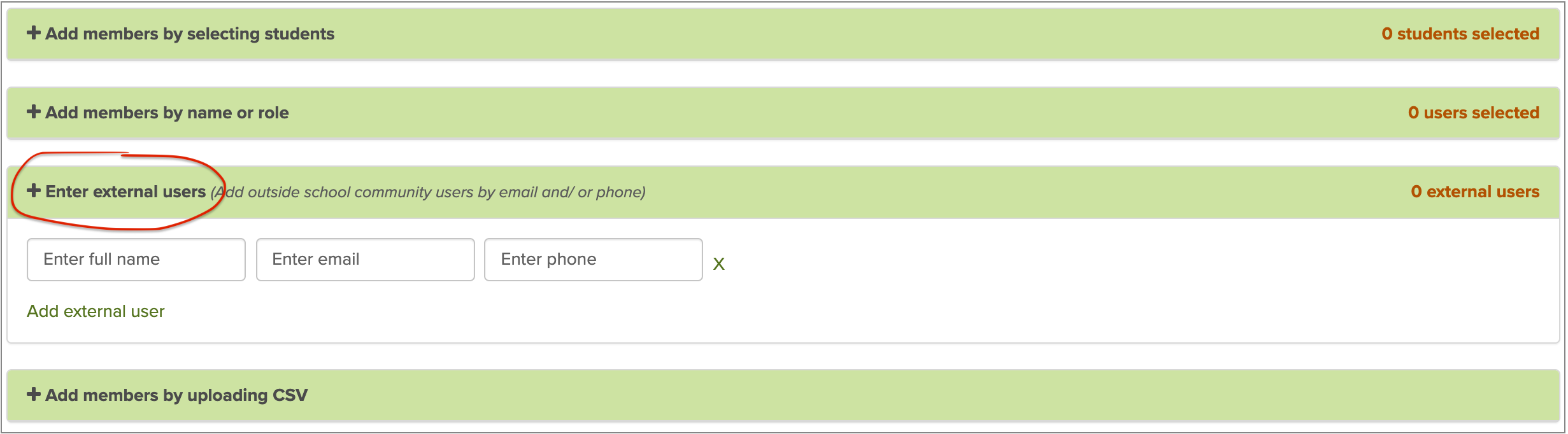Screenshot showing how to enter external users in ParentSquare