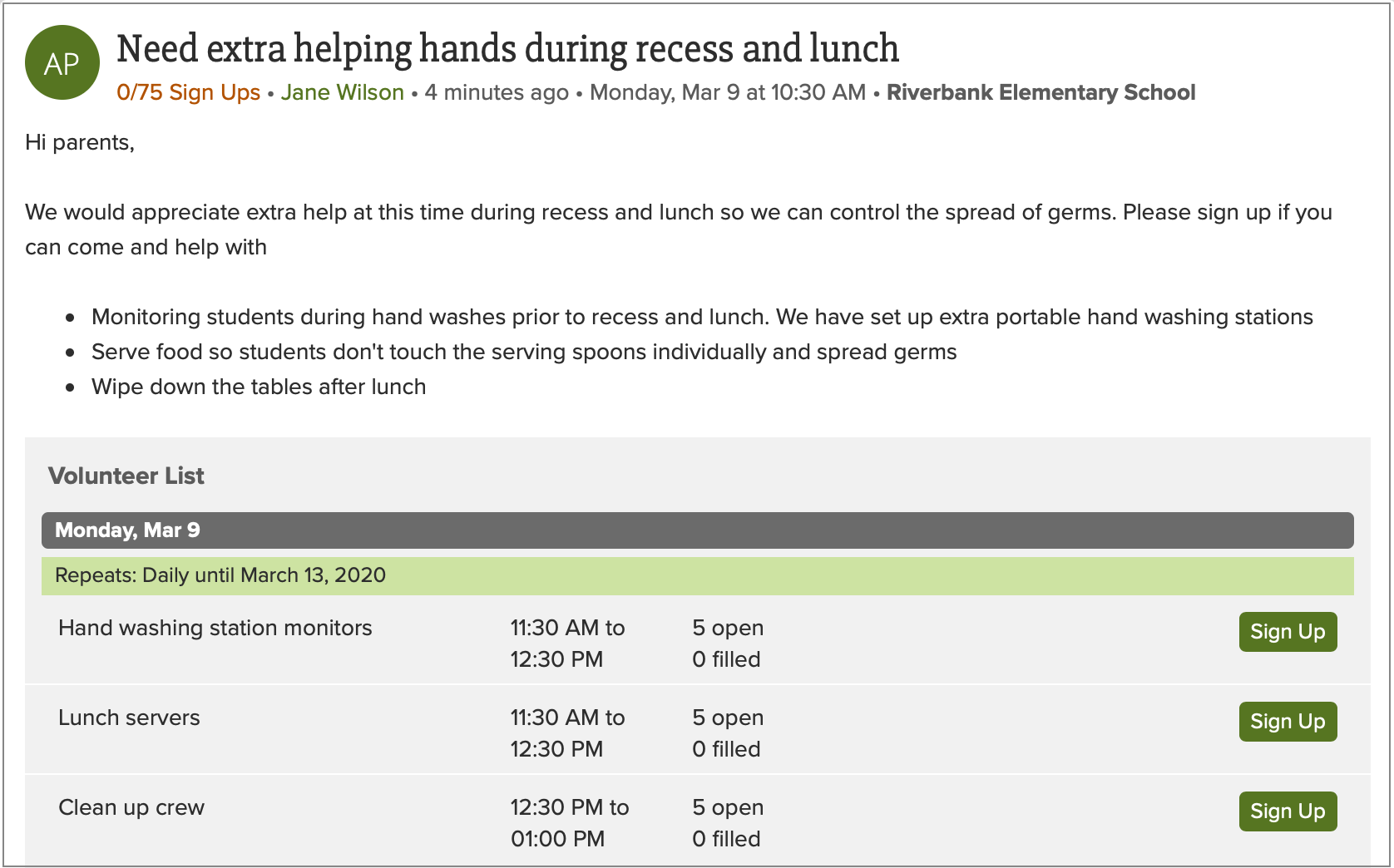 Screenshot of example Volunteer Sign Ups post in ParentSquare