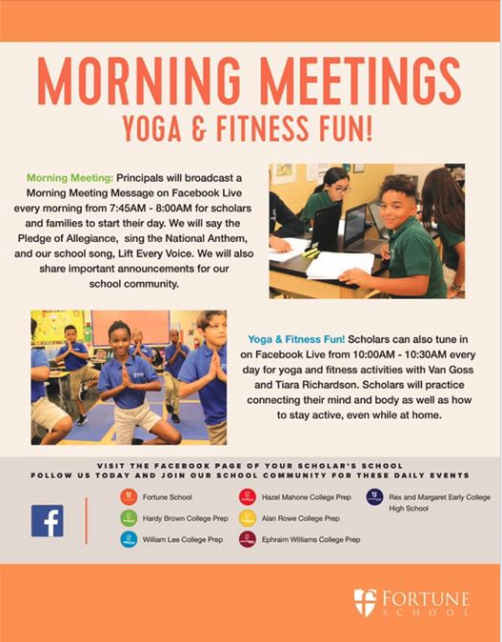 PRINCIPALS BROADCAST A MORNING MEETING EACH DAY THROUGH FACEBOOK LIVE.