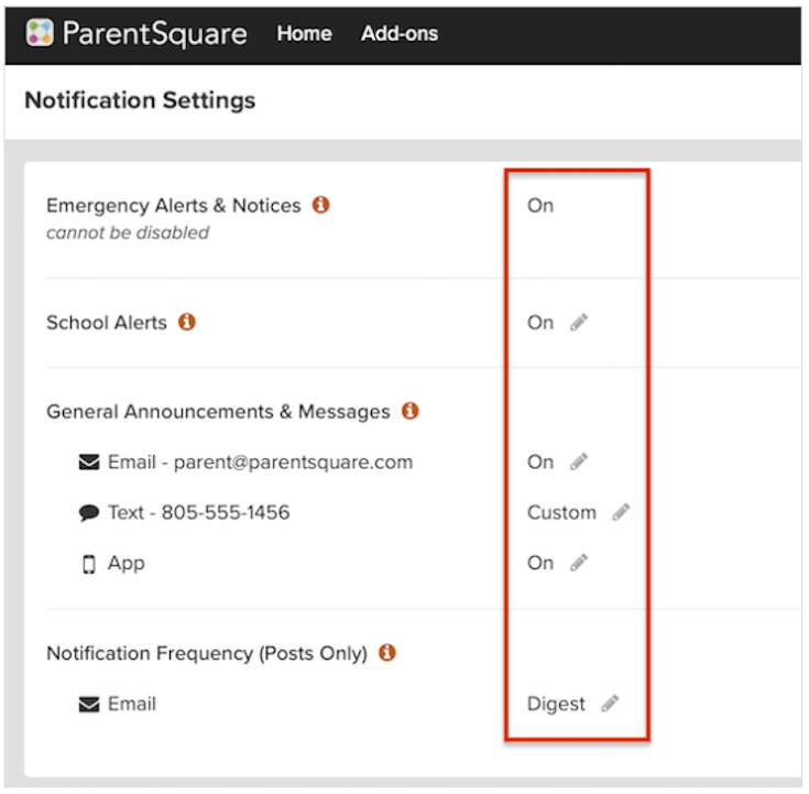 Screenshot of ParentSquare notification settings page