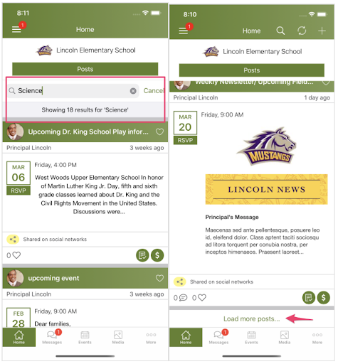 Screenshot of search button and “load more posts” button in ParentSquare app