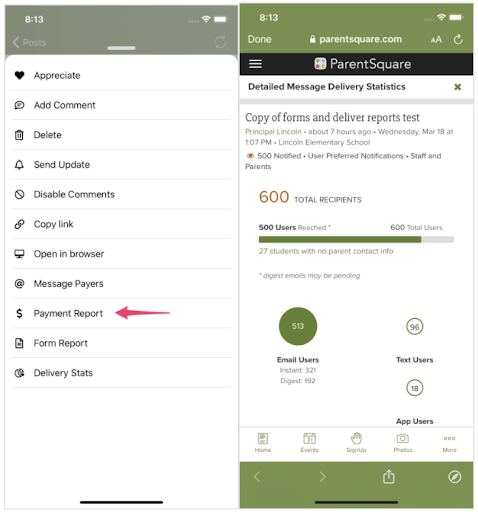 Screenshot of Payment Report button and Detailed Message Delivery Statistics in ParentSquare app