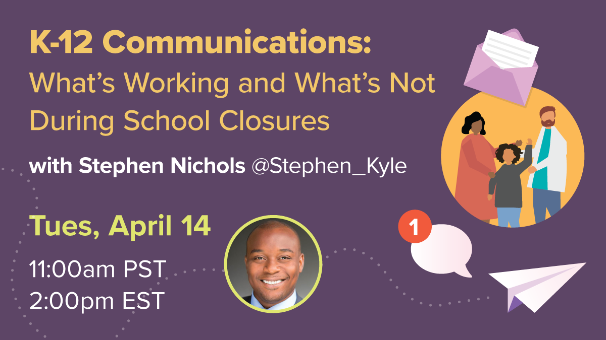 Slide from ParentSquare webinar about K-12 communications during school closures, with headshot of CEO of Communications Resources for Schools
