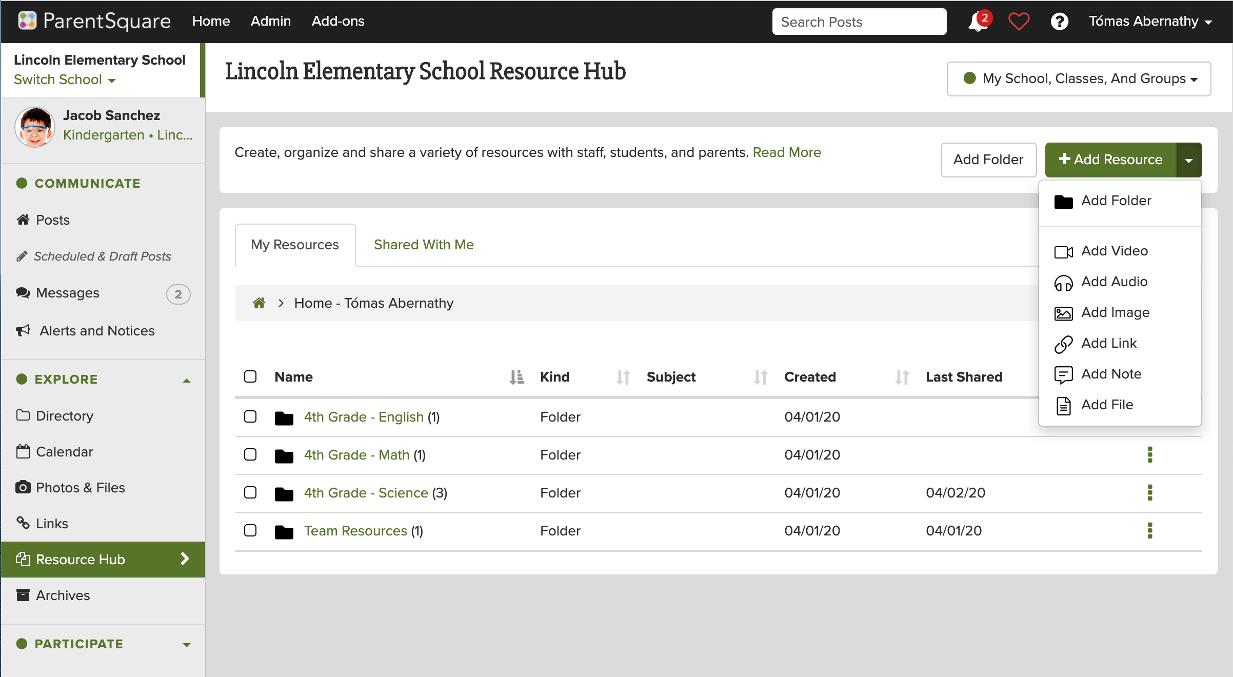 Screenshot of Resource Hub in ParentSquare platform