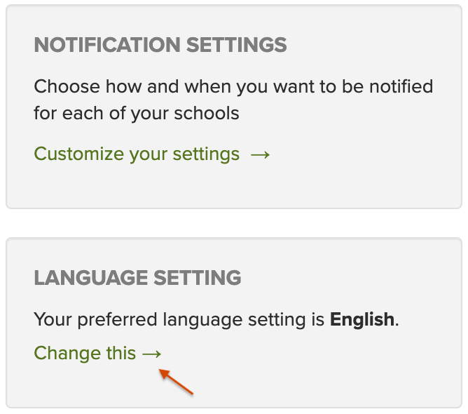 Screenshot of ParentSquare’s notification and language settings
