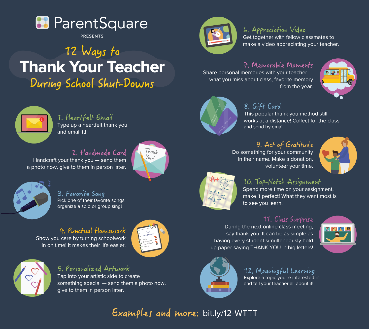 Infographic with 12 ways to thank your teacher during school shutdowns