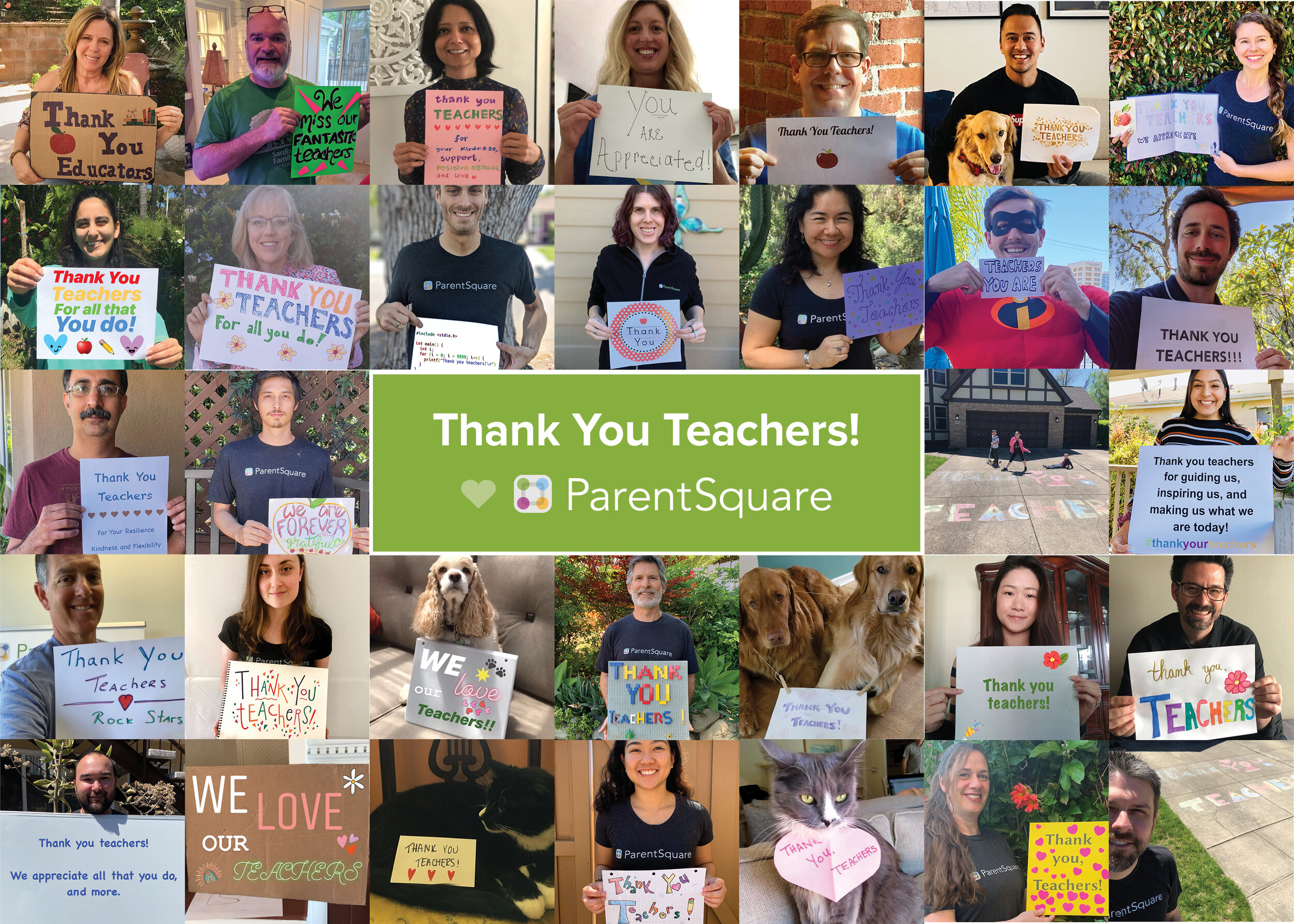 Collage of the ParentSquare team holding up Teacher Appreciation signs for Teacher Appreciation Week