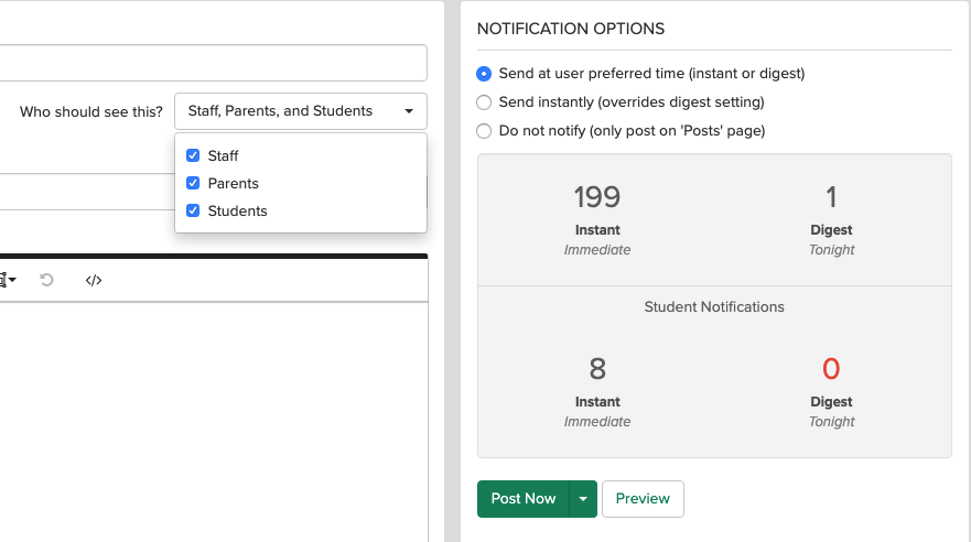 Screenshot of ParentSquare’s post stats and notification options