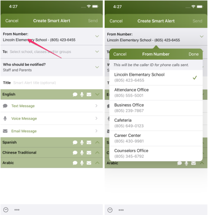 Screenshot showing how to change “From Number” for Smart Alerts in ParentSquare app&nbsp;