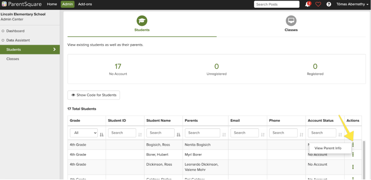 Screenshot showing how to view parent information through the Data Assistant menu in ParentSquare platform