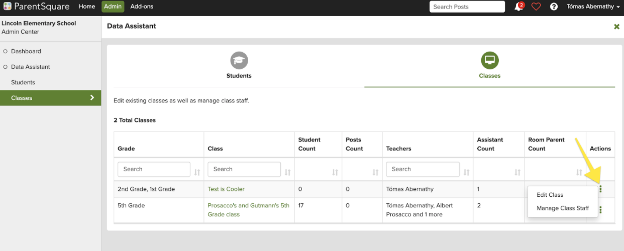 Screenshot showing how to edit a class or manage class staff in ParentSquare’s Data Assistant