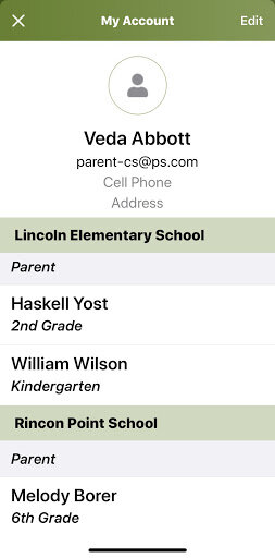 Screenshot of “My Account” screen in the ParentSquare app