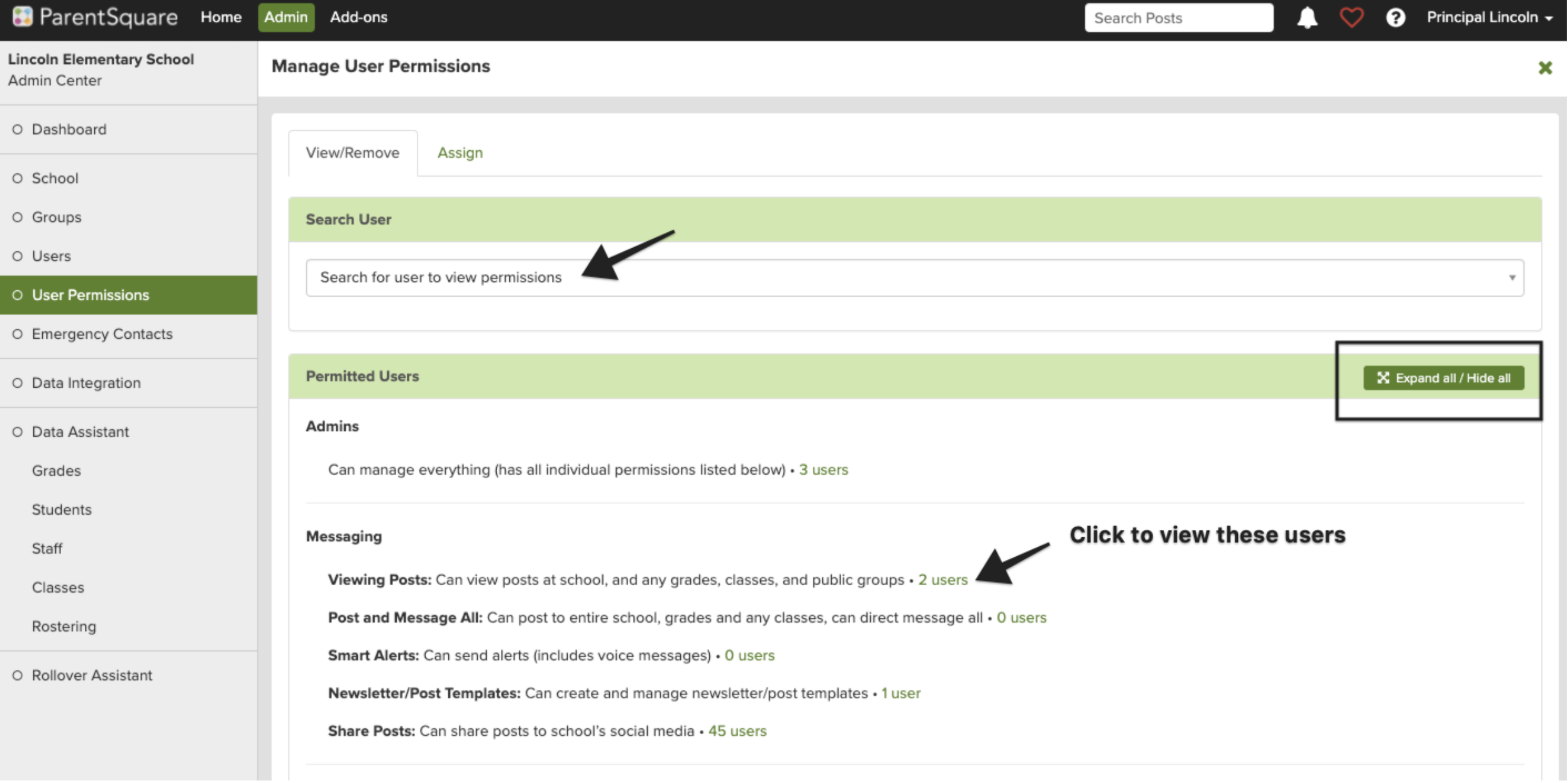 Screenshot of “View/Remove” User Permissions page in ParentSquare