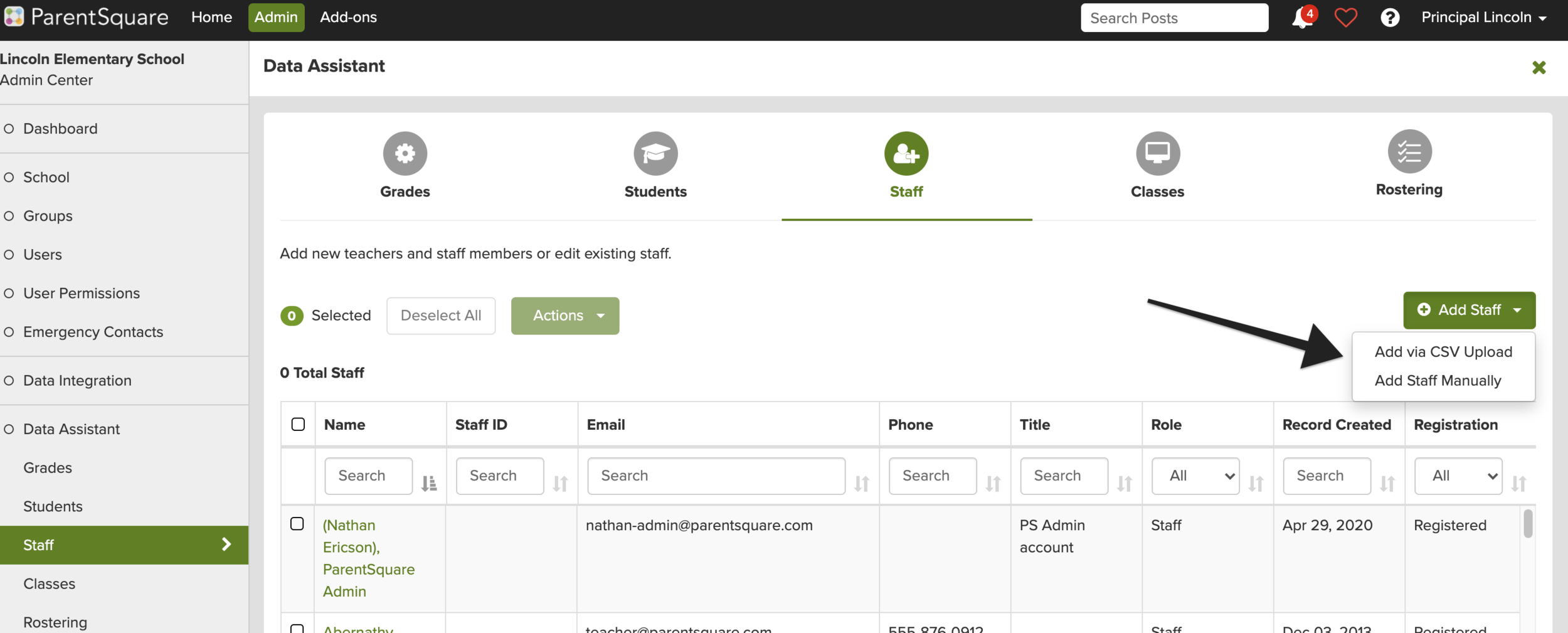 Screenshot showing how to add staff to ParentSquare with a CSV upload