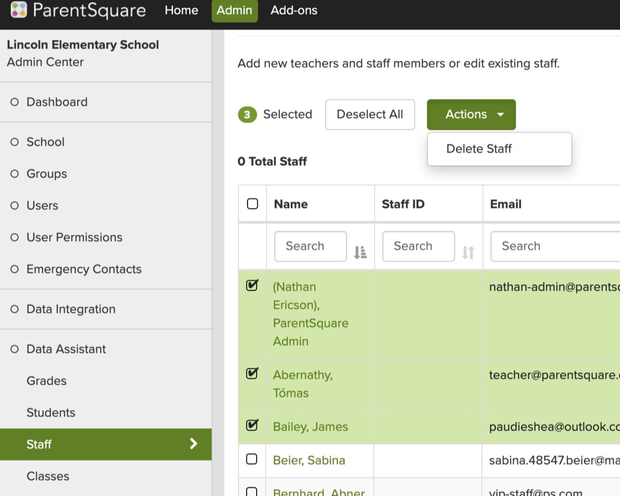 Screenshot showing how to delete staff in the ParentSquare platform