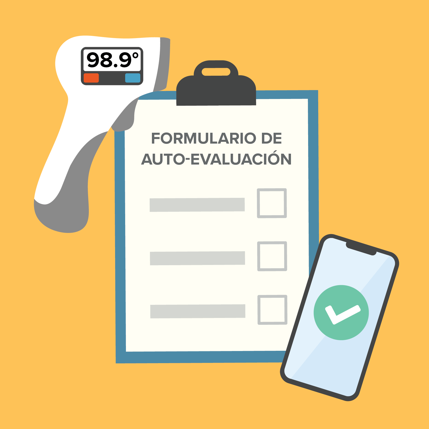 Graphic of thermometer, clipboard titled “formulario de evaluacion”, and phone with green check mark 