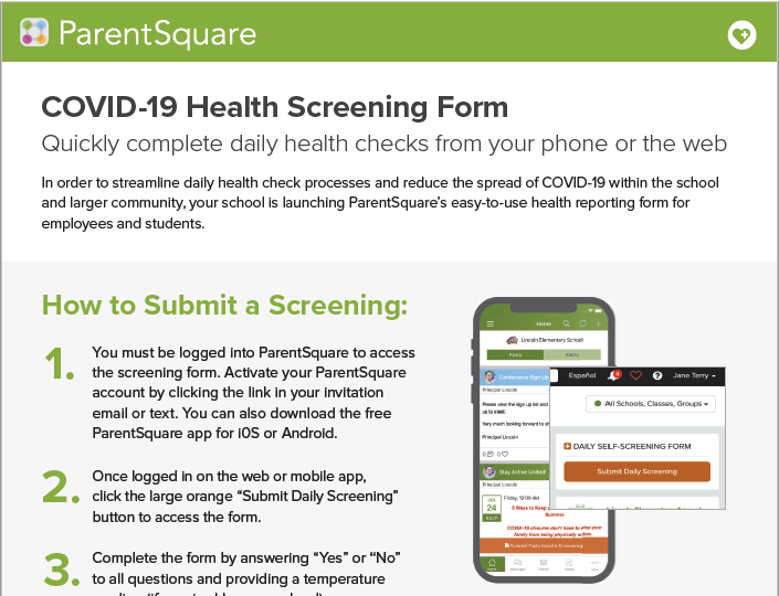 ParentSquare COVID-19 Health Screening Form infographic and instructions