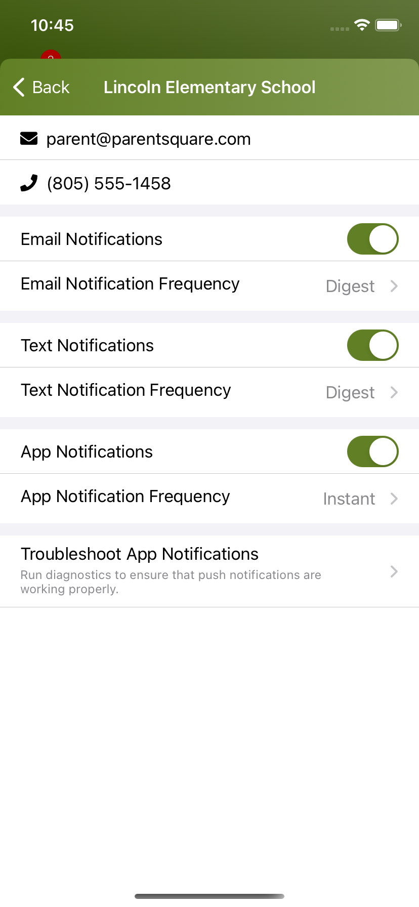 Screenshot of ParentSquare’s notification settings on the mobile app