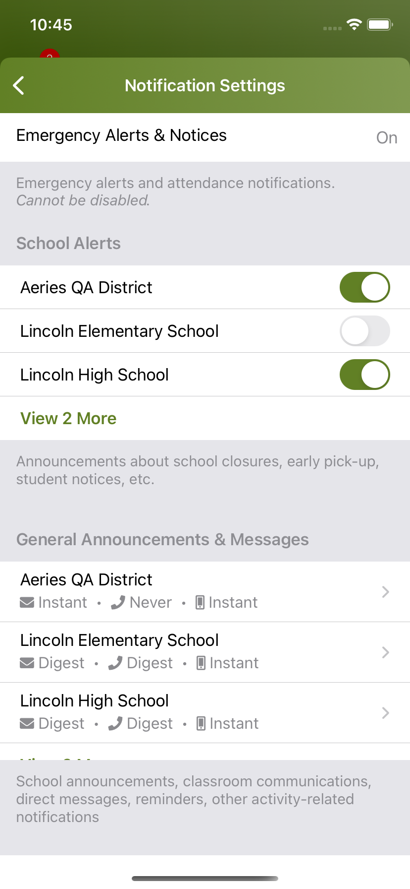 Screenshot of ParentSquare’s notification settings on the mobile app