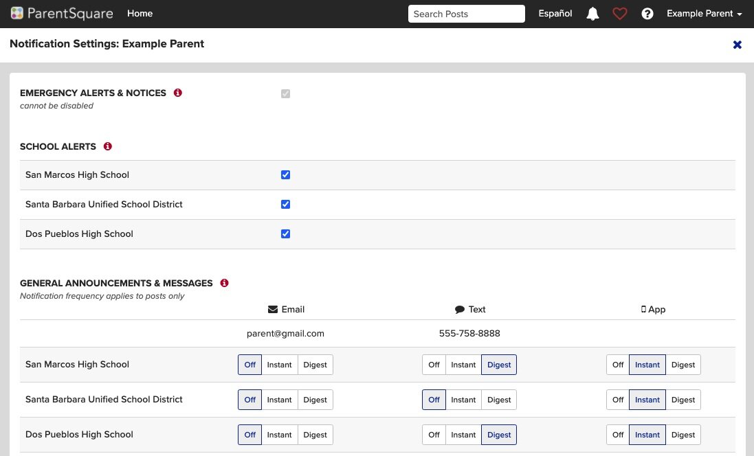 Screenshot of ParentSquare’s notification settings page
