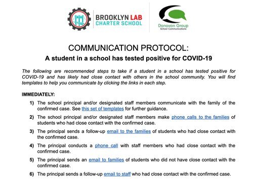 Screenshot of Engage Equitably’s “Communication Protocol” for a student testing positive for COVID-19
