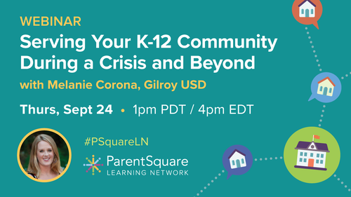 Slide of ParentSquare webinar about communicating during a crisis, with headshot of K-12 communications leader