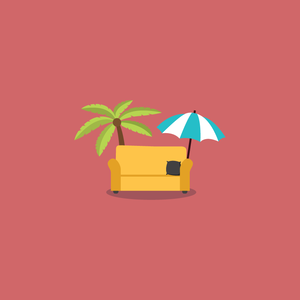 Graphic of couch, with beach umbrella and palm tree