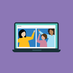 Graphic of computer with woman waving at another woman and child on the screen