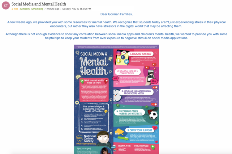 Example ParentSquare post about social media and mental health