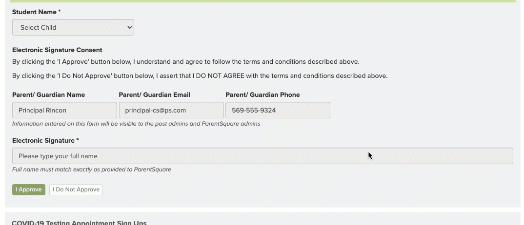 Gif showing example of a COVID-19 testing appointment sign up in ParentSquare