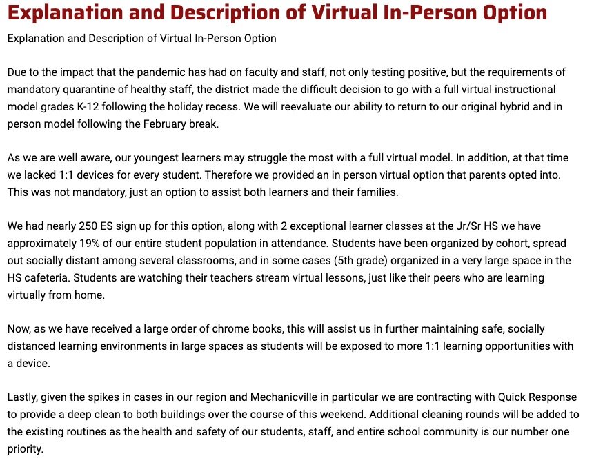 Mechanicville School District’s explanation for virtual learning