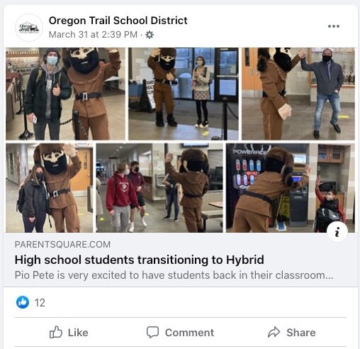 Oregon Trail School District uses the Social Share feature to share a ParentSquare post to its Facebook account to highlight students returning to in-person learning!