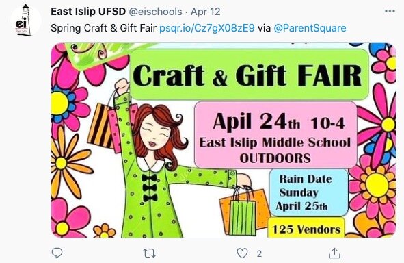 East Islip UFSD uses the Social Share feature to share a ParentSquare post to its Twitter account to let followers know they are hosting a craft & gift fair.