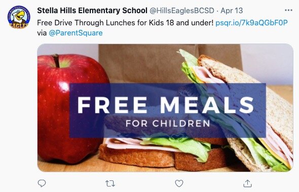 Stella Hills Elementary School uses the Social Share feature to share a ParentSquare post to its Twitter account to remind the community they are hosting a drive-through for free lunches for kids.