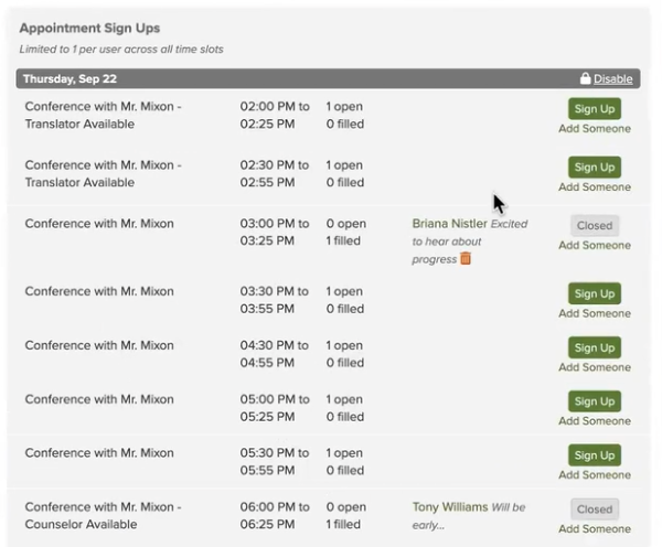 This screenshot shows what teachers see as family members sign up for time slots.