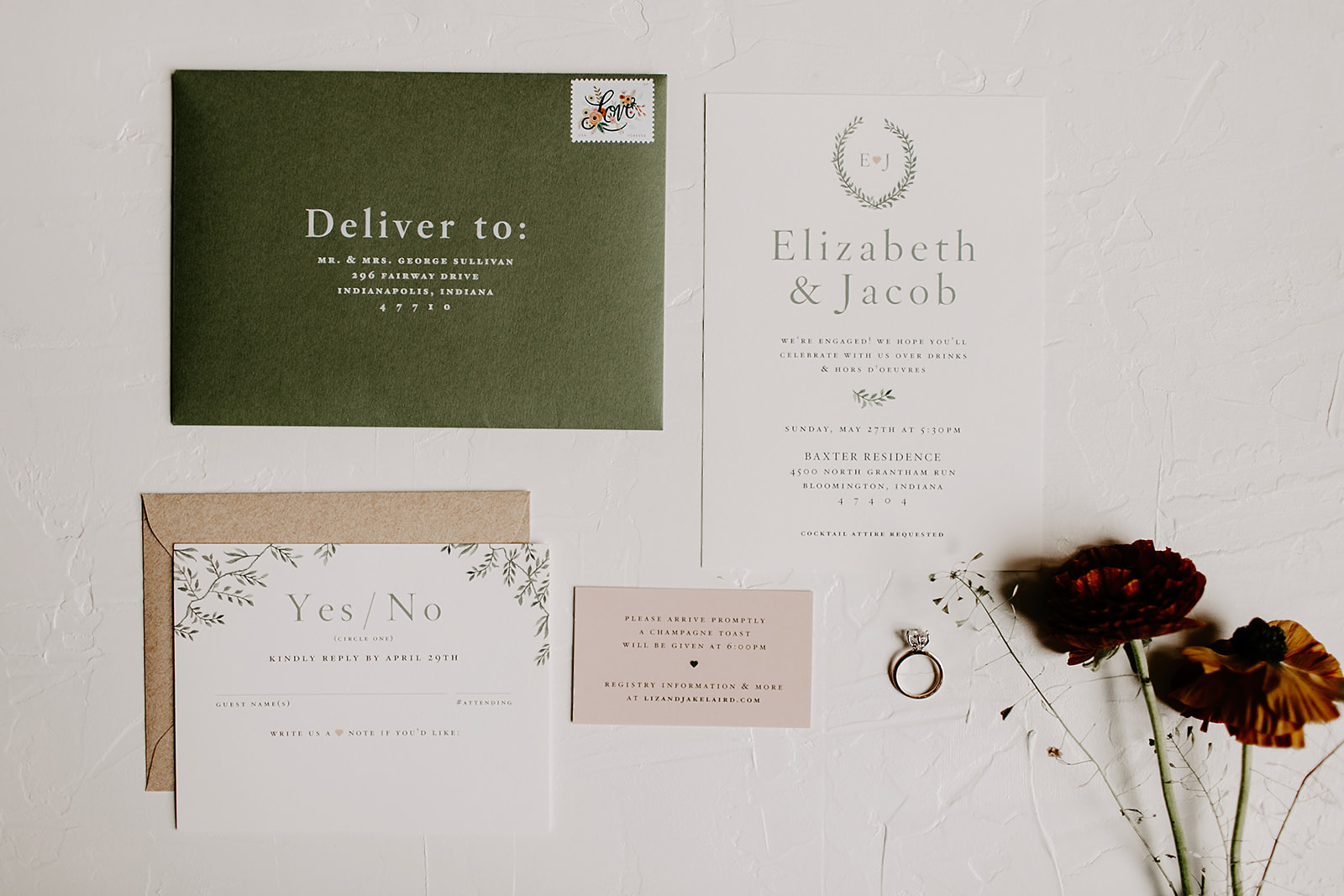 Wedding details inspiration including paper good and invites, wedding rings, wedding notes and jewellery | Photography by Emily Elyse Wehner, indiana based wedding photographer 