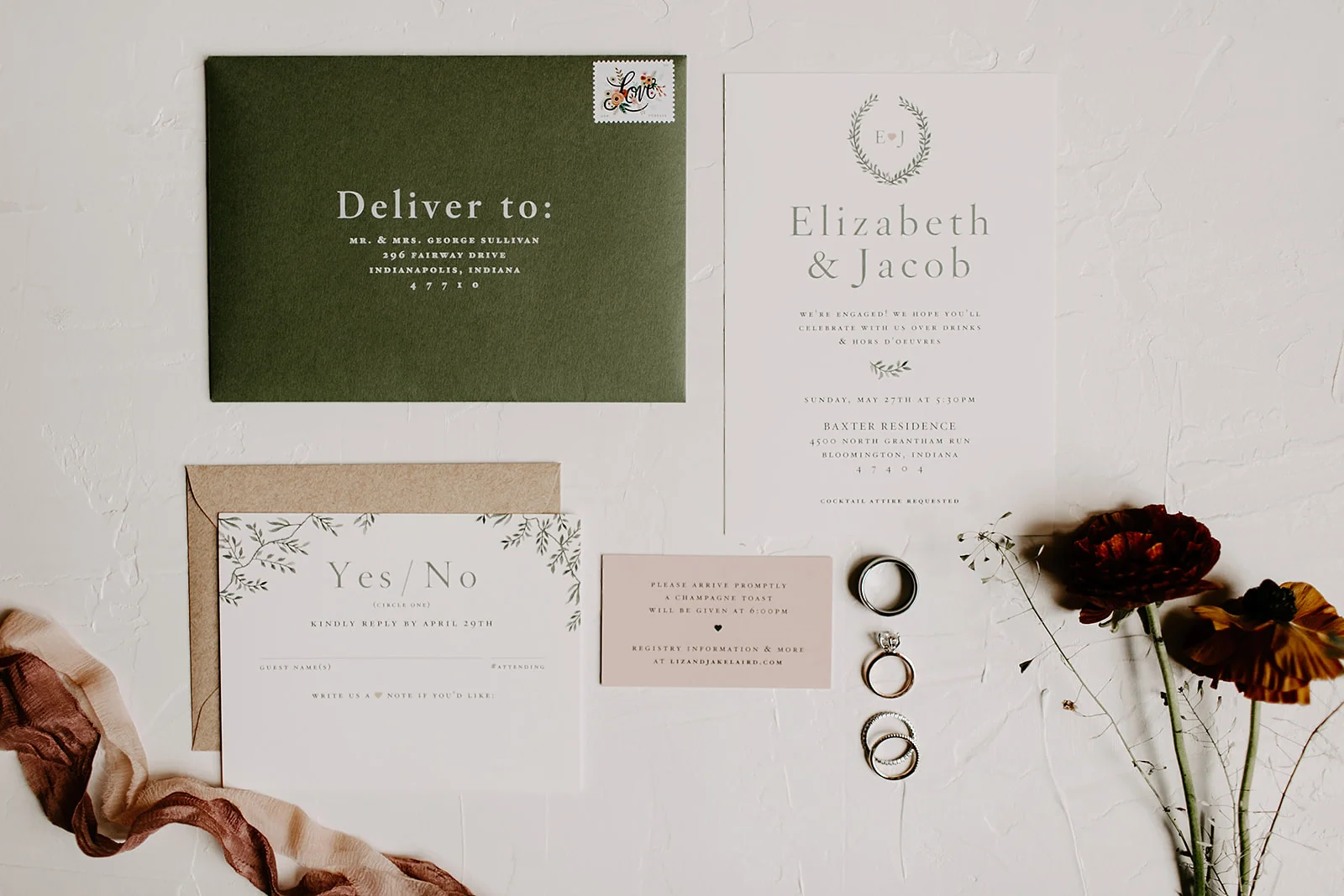 Wedding details inspiration including paper good and invites, wedding rings, wedding notes and jewellery | Photography by Emily Elyse Wehner, indiana based wedding photographer