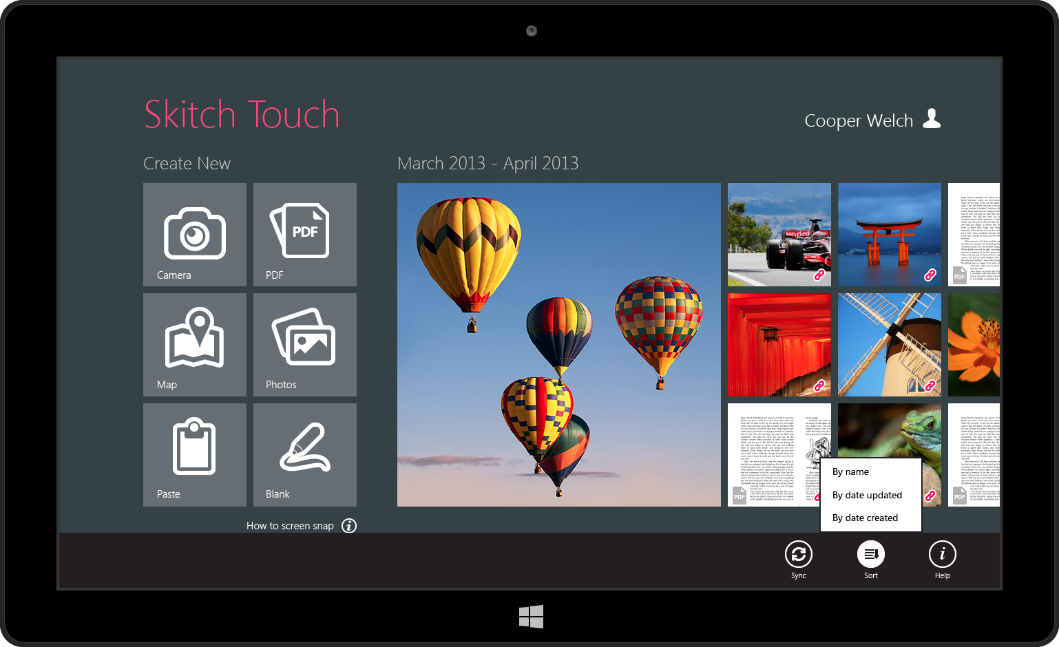 Swiping up from the bottom of the screen would reveal more menu options...a sync button to sync a user's images to Evernote, a Sort button to sort images by name, date updated, or date created, and a Help button to provide access to a guide on using the app.