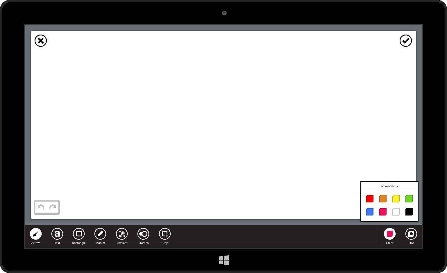 The first thing to note in this mockup is that properties on the toolbar are specific to the tool that is selected. When launching into the canvas view, the arrow tool is selected by default - the two properties available for the arrow tool are color and size. Tapping the color button on the right would show a list of 8 basic colors, with the option to expand a more advanced color picker. This color picker design was lifted from my designs for the Skitch Windows Desktop app.