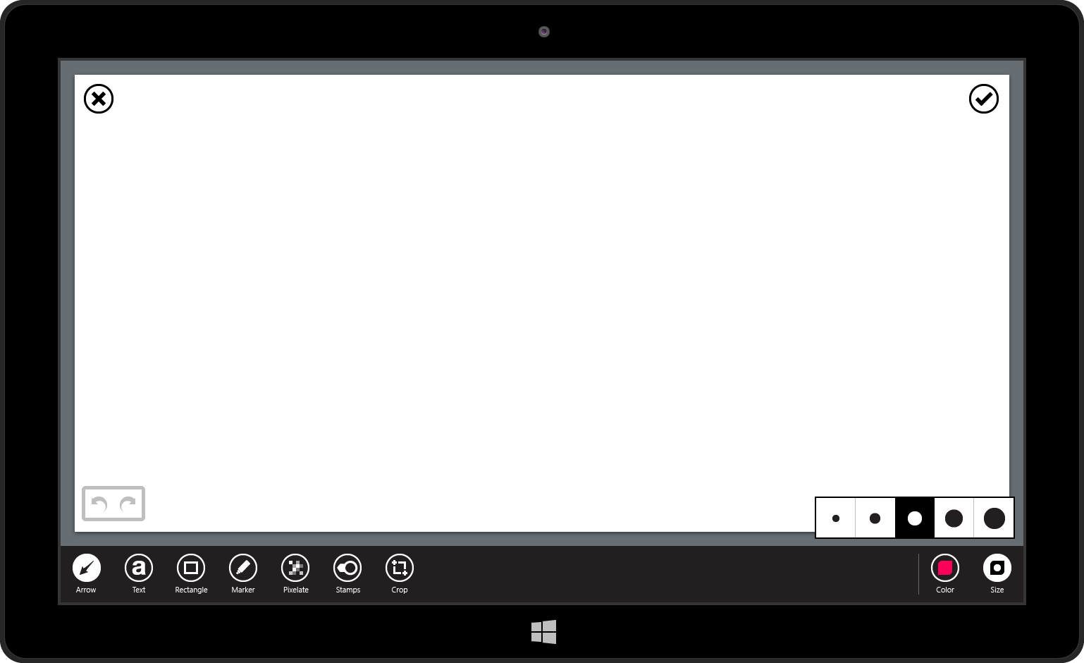 Selecting the size property would reveal a popup showing 5 different preset sizes for objects. The selected size would affect the size of any object being drawn, or, if an object was already selected on the canvas, it would affect the size of the selected object.