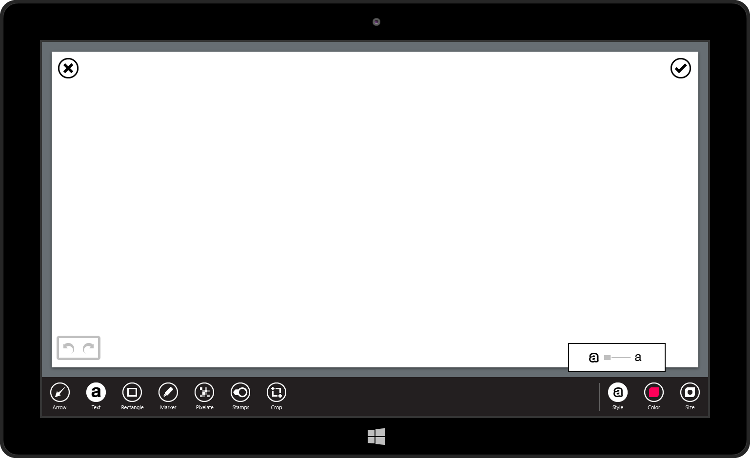 In this mockup the text tool has been selected, and properties on the right side of the toolbar have changed accordingly. In addition to size and color, there is now a style property. The style property affects the styling of the text - whether or not there is a stroke around the text ("cartoon text") or if the text appears plain, without a stroke.