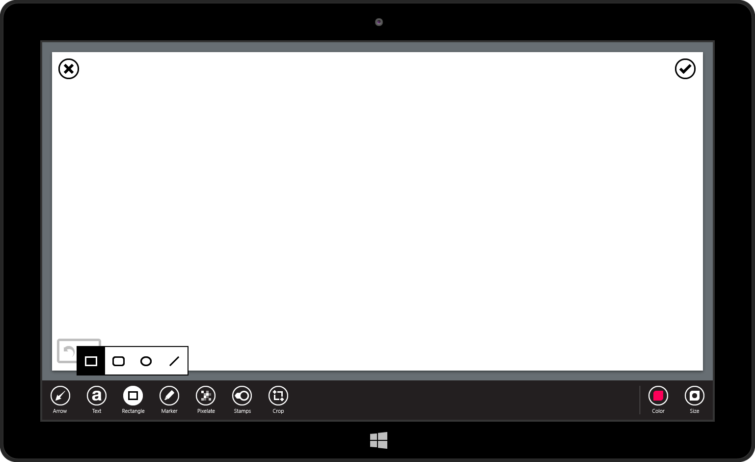 In this example, the user has touched the shape tool icon, and a submenu containing various shape subtools has appeared.