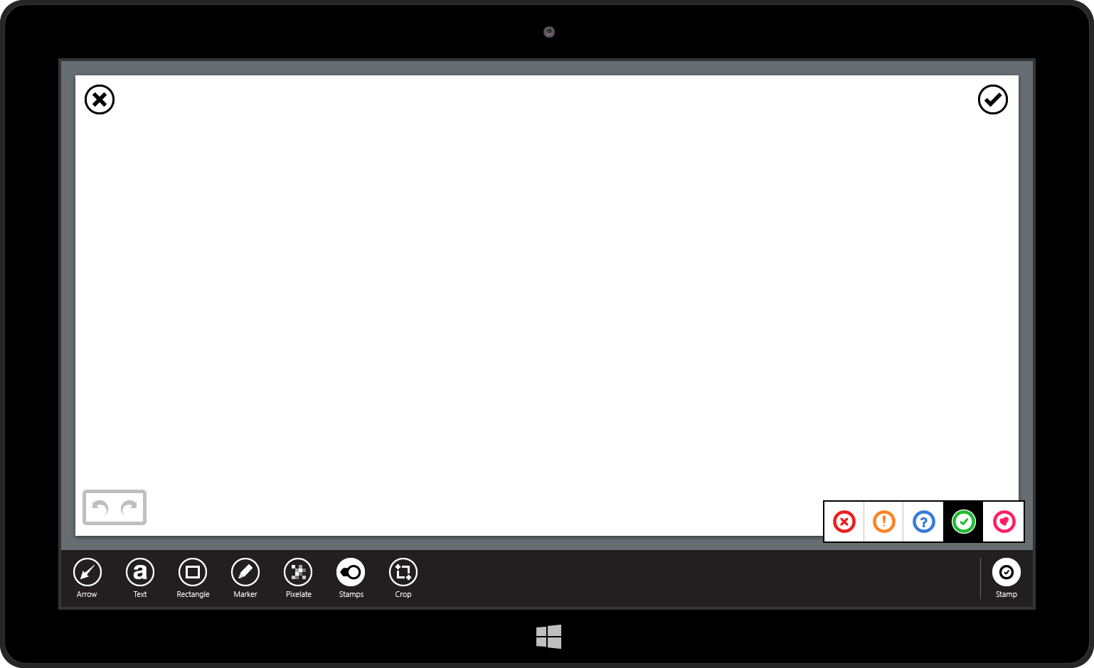 In this mockup, the stamp tool has been selected, and stamp types are shown as properties. In the end, this idea was shot down in favor of making stamp types a submenu of the parent stamp tool, consistent with the marker and shape tools.