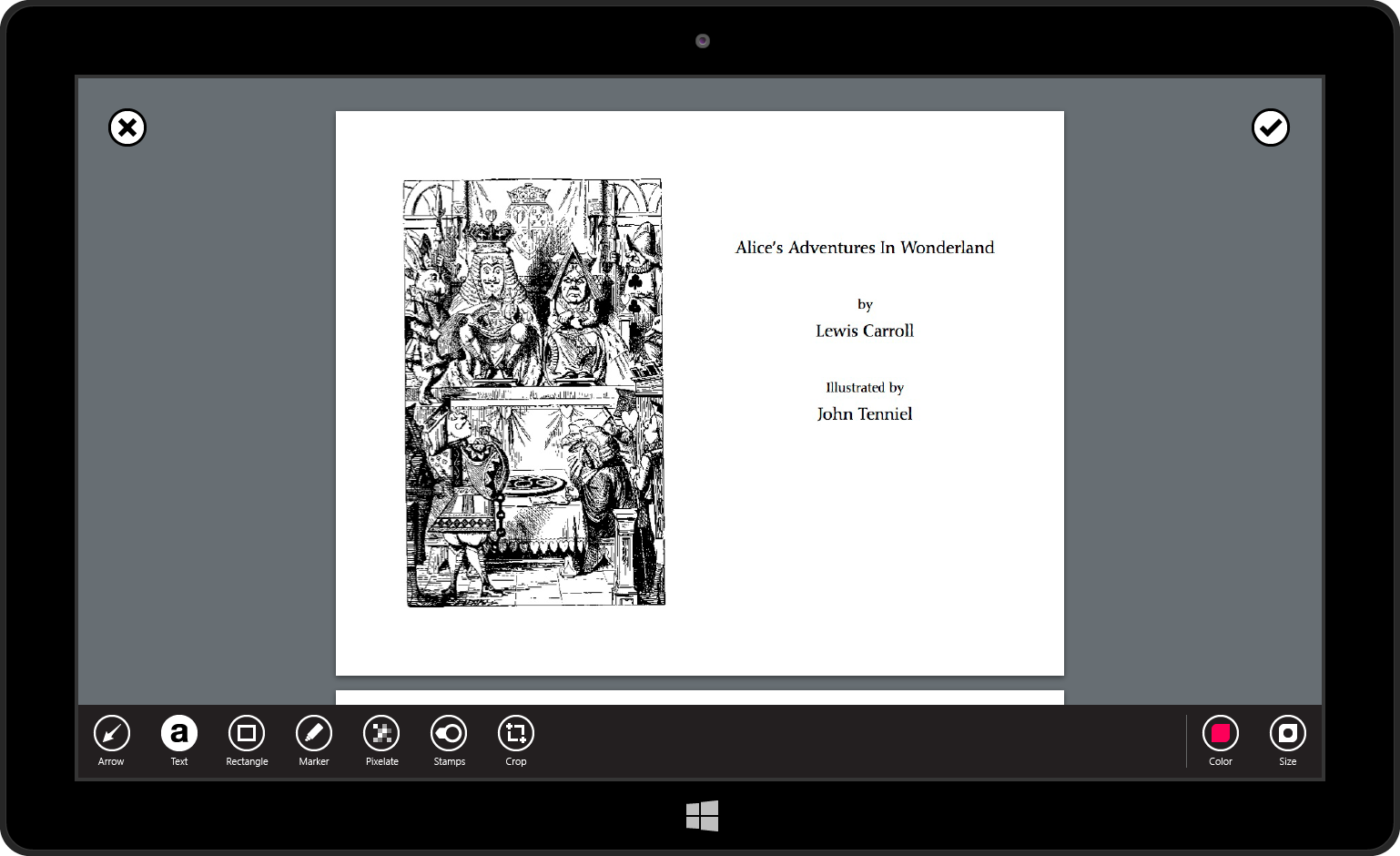 A PDF has been opened, and the canvas view shows all pages in the PDF. Users can scroll vertically through all pages by swiping up or down. Tools are still available at the bottom of the screen to annotate any page of the PDF.