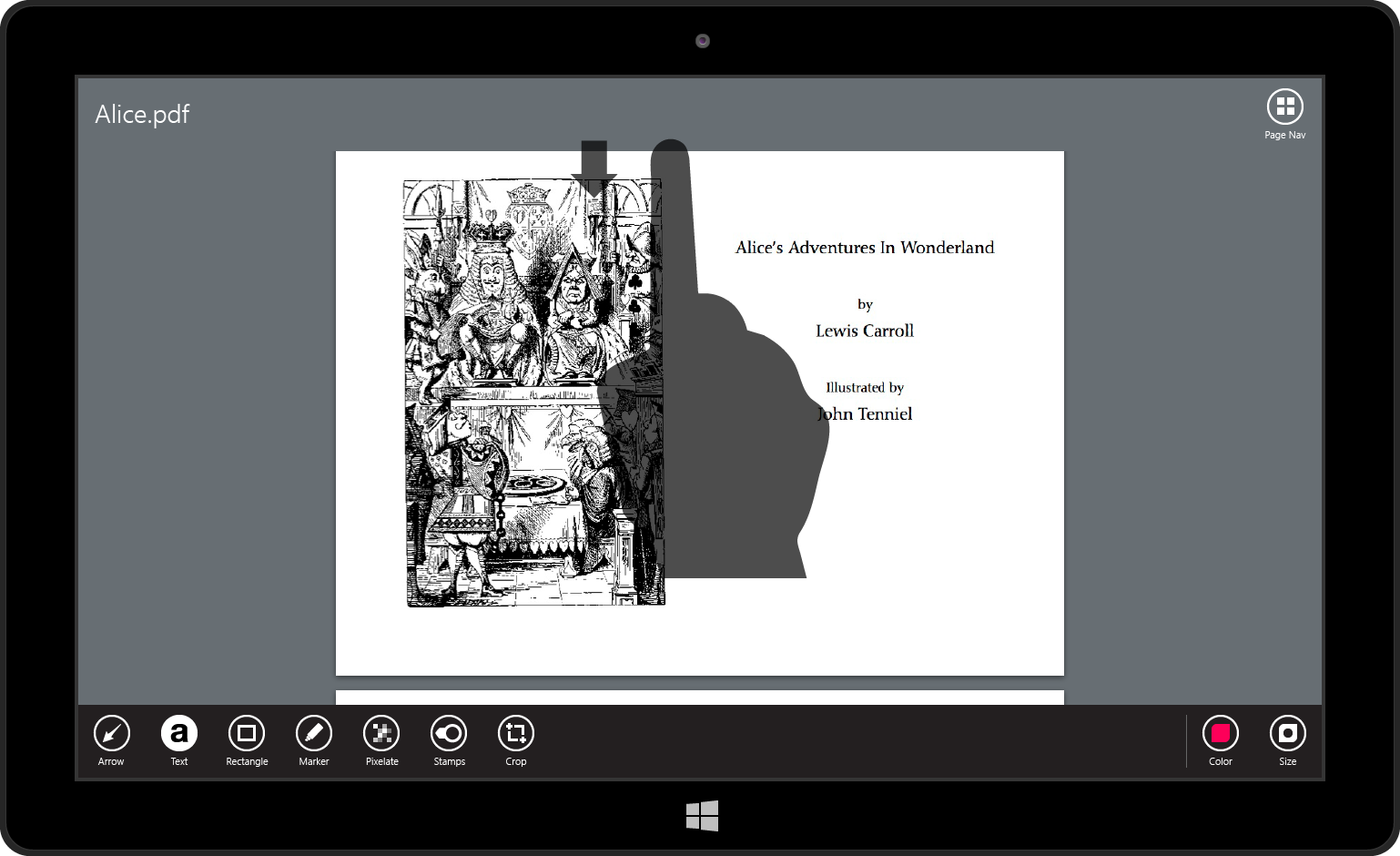 Swiping down from the top edge of the screen reveals the title of the PDF (which is editable), as well as a button to show a thumbnail gallery of all pages in the PDF.